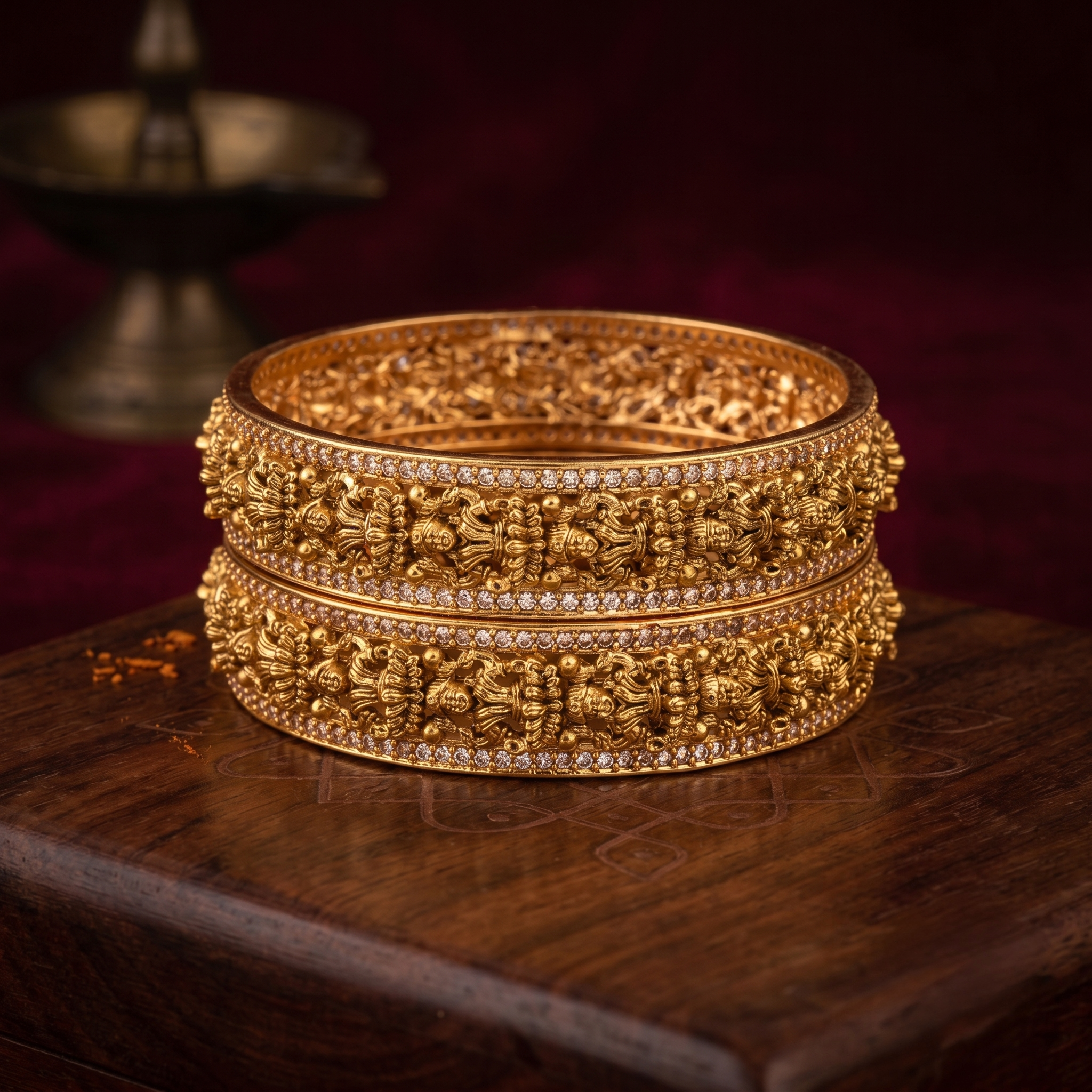 Gold Plated Lakshmi Temple Bangle with White AD Stone detailed view - Avalna